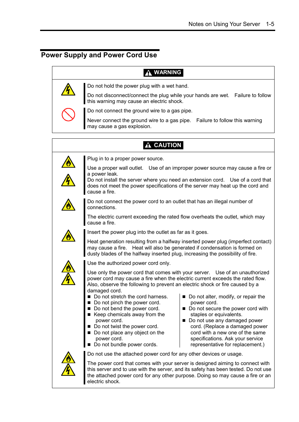 Power supply and power cord use, Caution | NEC Express5800/120Rh-2 N8100-1126F User Manual | Page 21 / 406