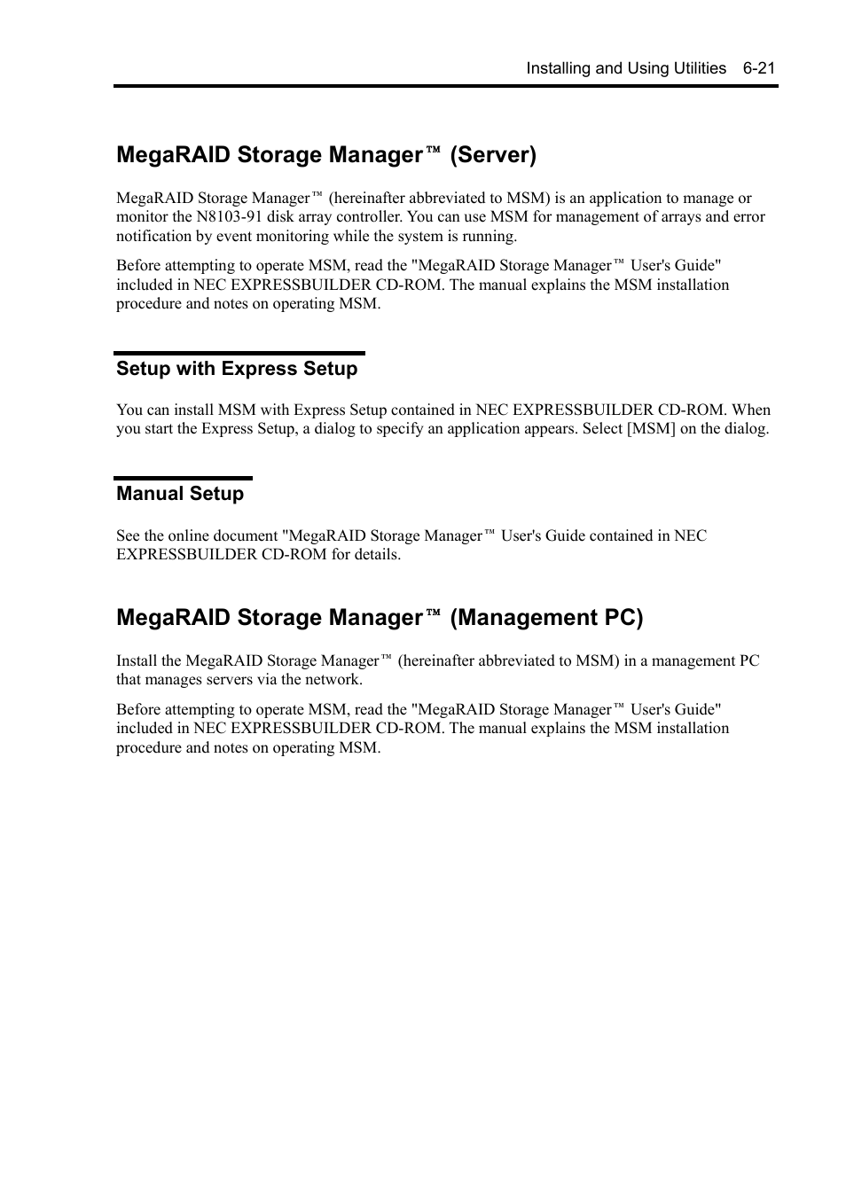 Megaraid storage manager (server), Setup with express setup, Manual setup | Megaraid storage manager (management pc), Megaraid storage manager  (server), Megaraid storage manager  (management pc) | NEC Express5800/120Rh-2 N8100-1126F User Manual | Page 219 / 406