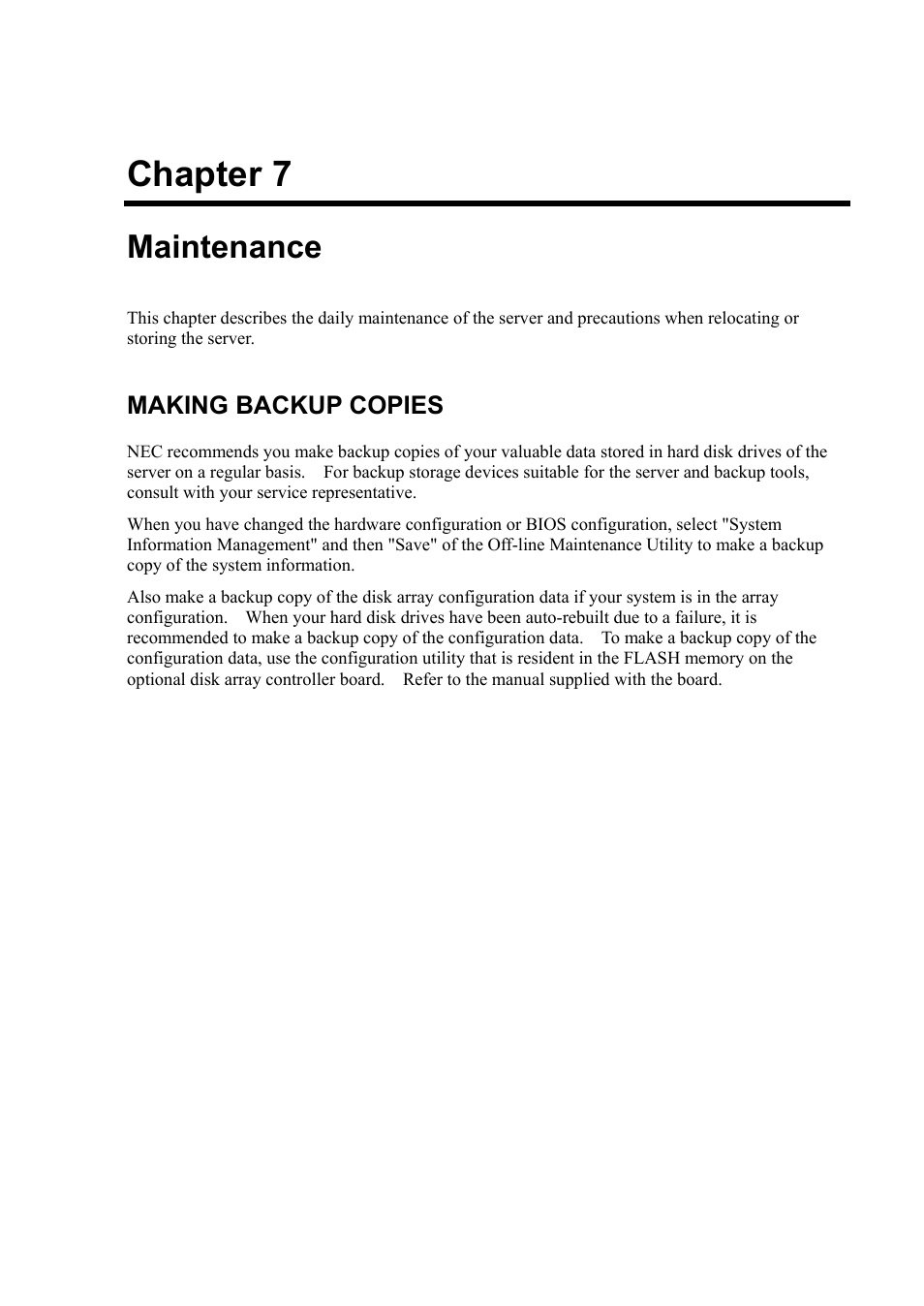 Maintenance, Making backup copies, Chapter 7 | NEC Express5800/120Rh-2 N8100-1126F User Manual | Page 225 / 406