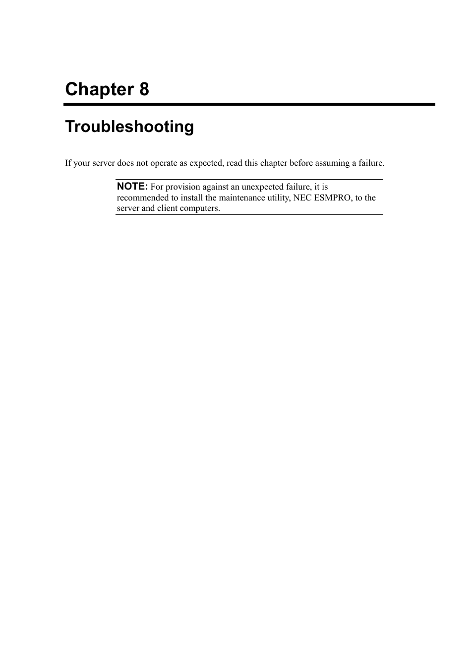 Troubleshooting, Chapter 8 | NEC Express5800/120Rh-2 N8100-1126F User Manual | Page 237 / 406