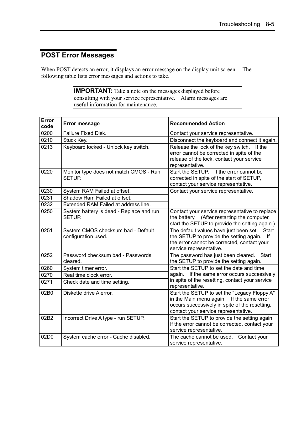 Post error messages, Important | NEC Express5800/120Rh-2 N8100-1126F User Manual | Page 241 / 406