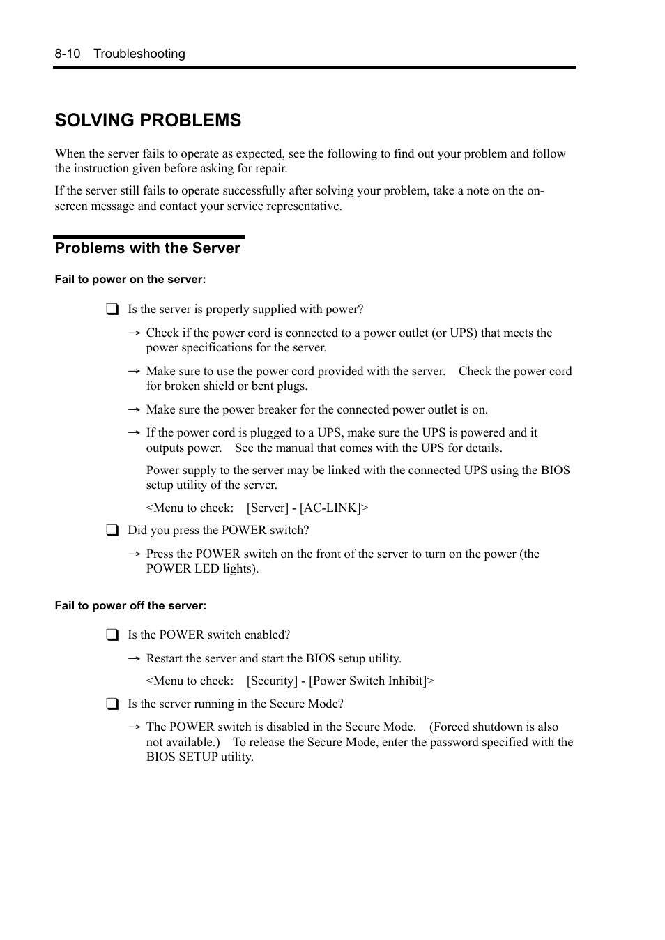 Solving problems, Problems with the server | NEC Express5800/120Rh-2 N8100-1126F User Manual | Page 246 / 406