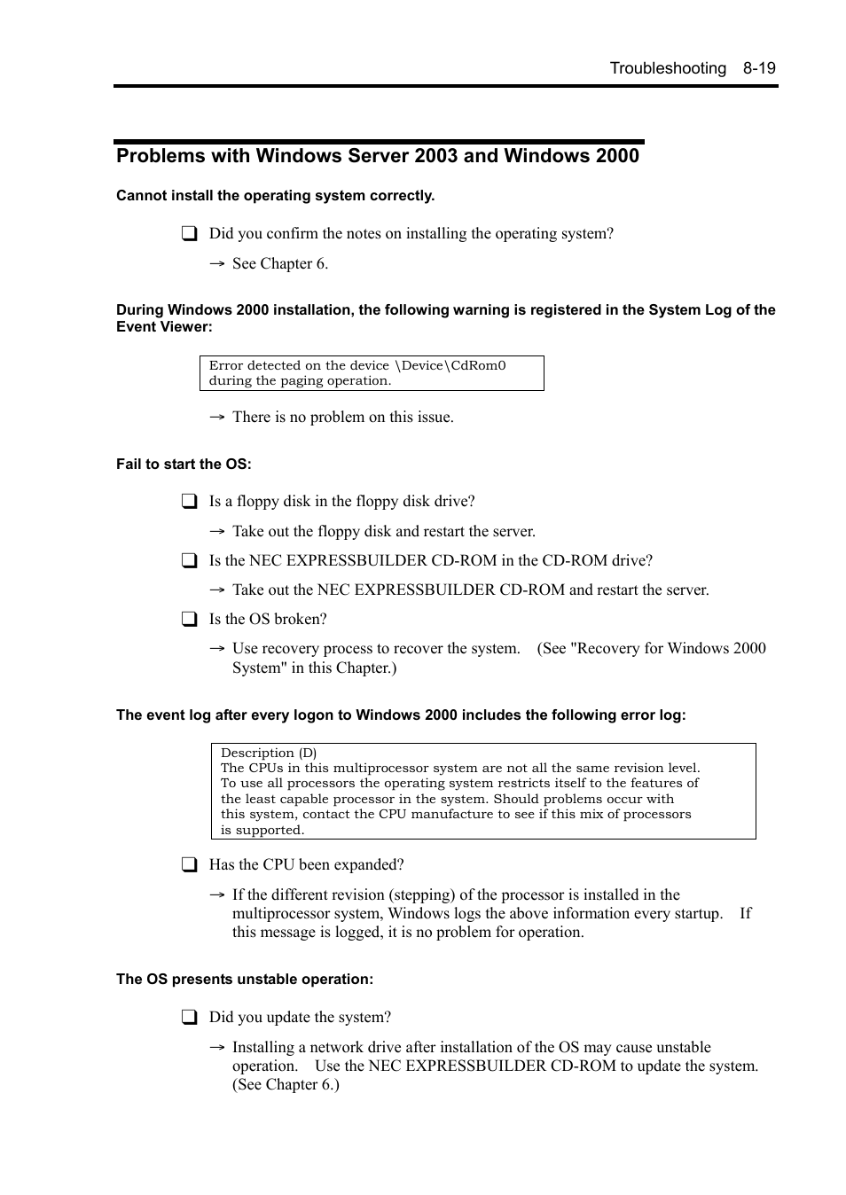 Problems with windows server 2003 and windows 2000 | NEC Express5800/120Rh-2 N8100-1126F User Manual | Page 255 / 406