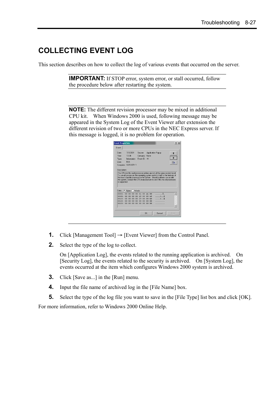 Collecting event log | NEC Express5800/120Rh-2 N8100-1126F User Manual | Page 263 / 406