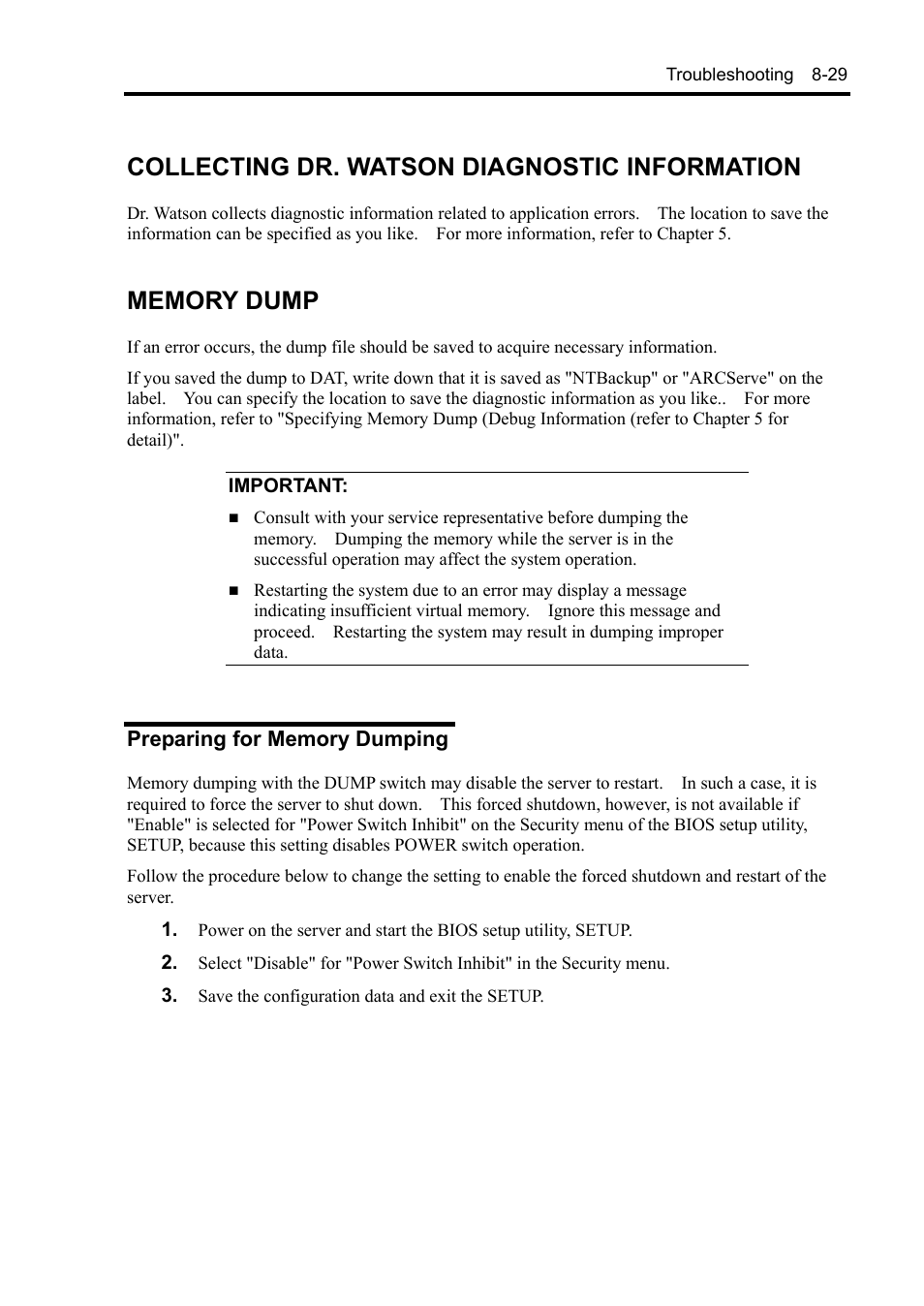 Collecting dr. watson diagnostic information, Memory dump, Preparing for memory dumping | NEC Express5800/120Rh-2 N8100-1126F User Manual | Page 265 / 406