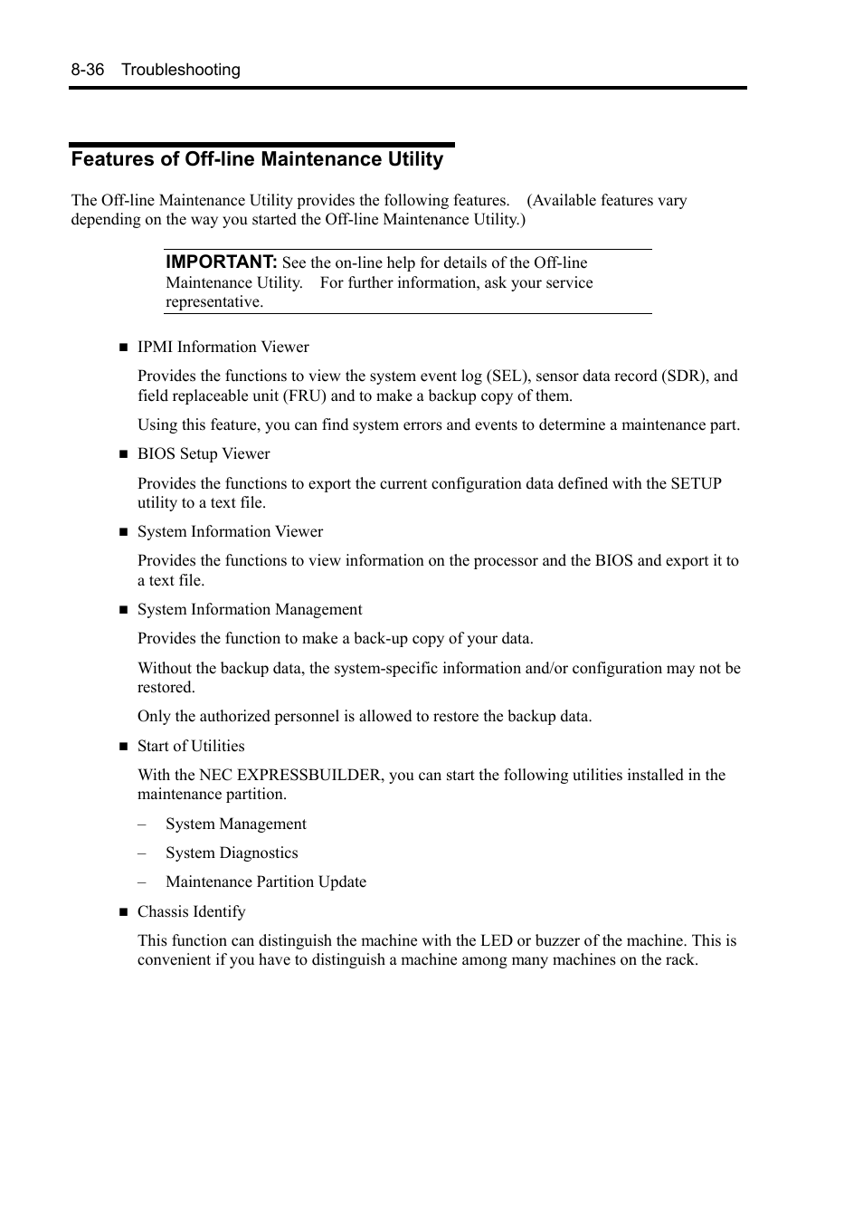 Features of off-line maintenance utility | NEC Express5800/120Rh-2 N8100-1126F User Manual | Page 272 / 406