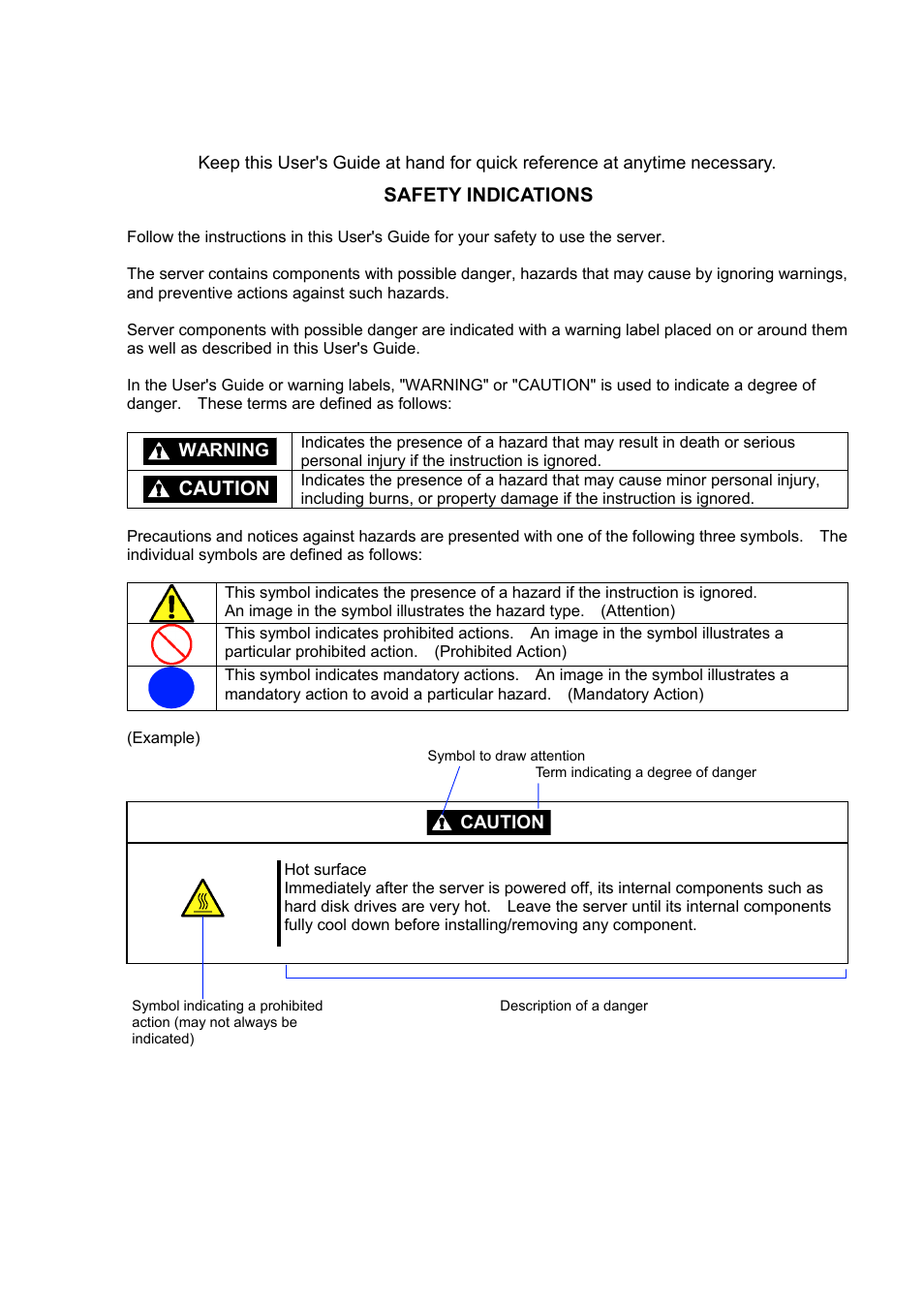Safety indications, Caution | NEC Express5800/120Rh-2 N8100-1126F User Manual | Page 3 / 406