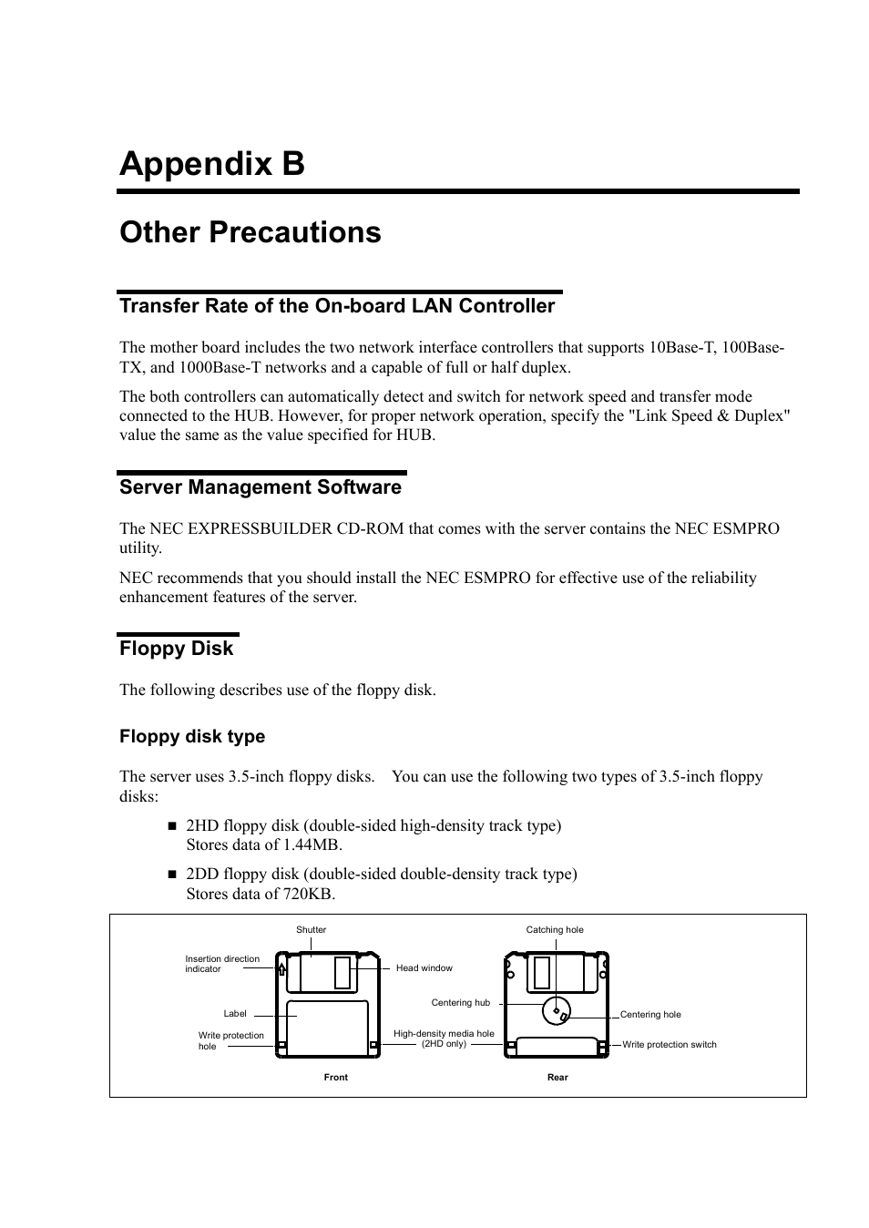 B. other precautions, Transfer rate of the on-board lan controller, Server management software | Floppy disk, Appendix b, Other precautions, Floppy disk type | NEC Express5800/120Rh-2 N8100-1126F User Manual | Page 339 / 406