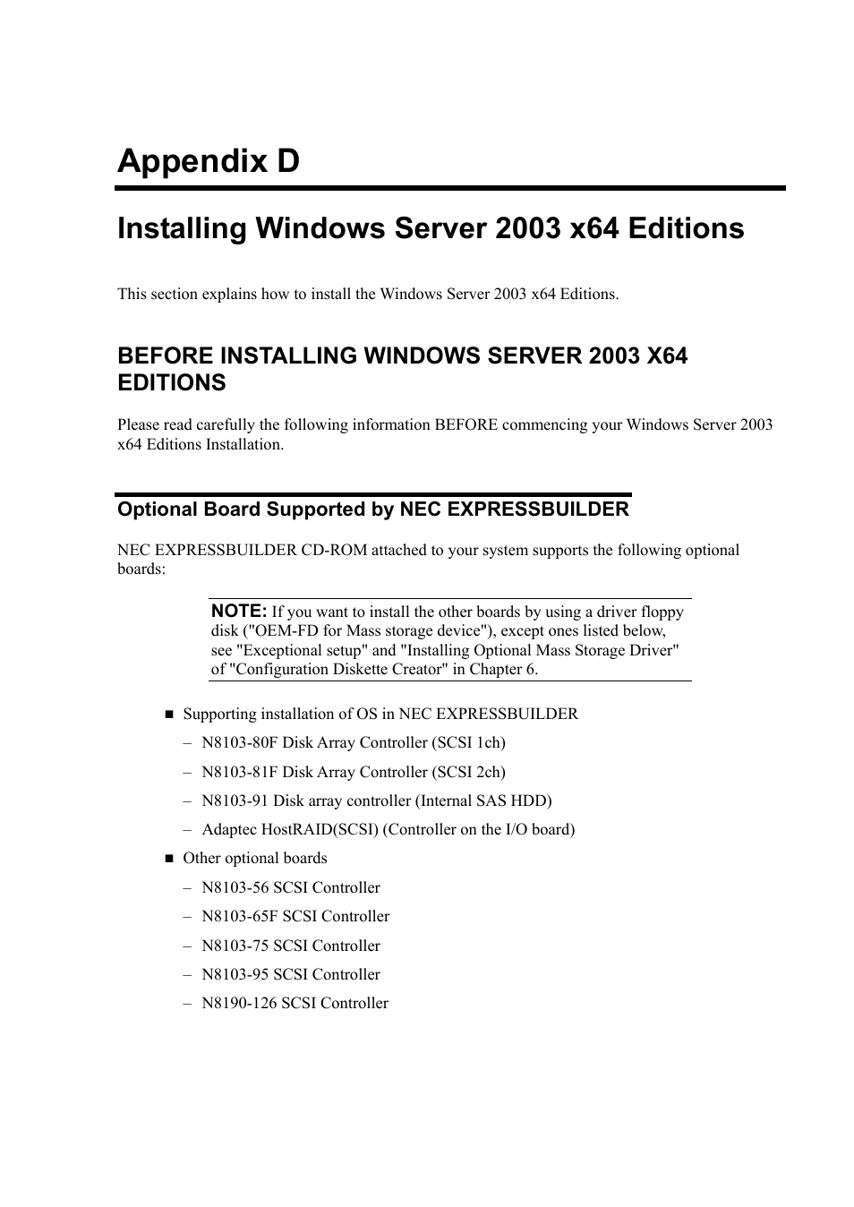 D. installing windows server 2003 x64 editions, Before installing windows server 2003 x64 editions, Optional board supported by nec expressbuilder | Appendix d | NEC Express5800/120Rh-2 N8100-1126F User Manual | Page 347 / 406