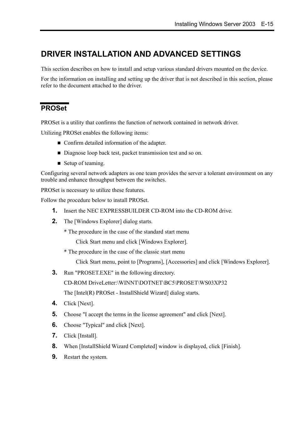 Driver installation and advanced settings, Proset | NEC Express5800/120Rh-2 N8100-1126F User Manual | Page 377 / 406