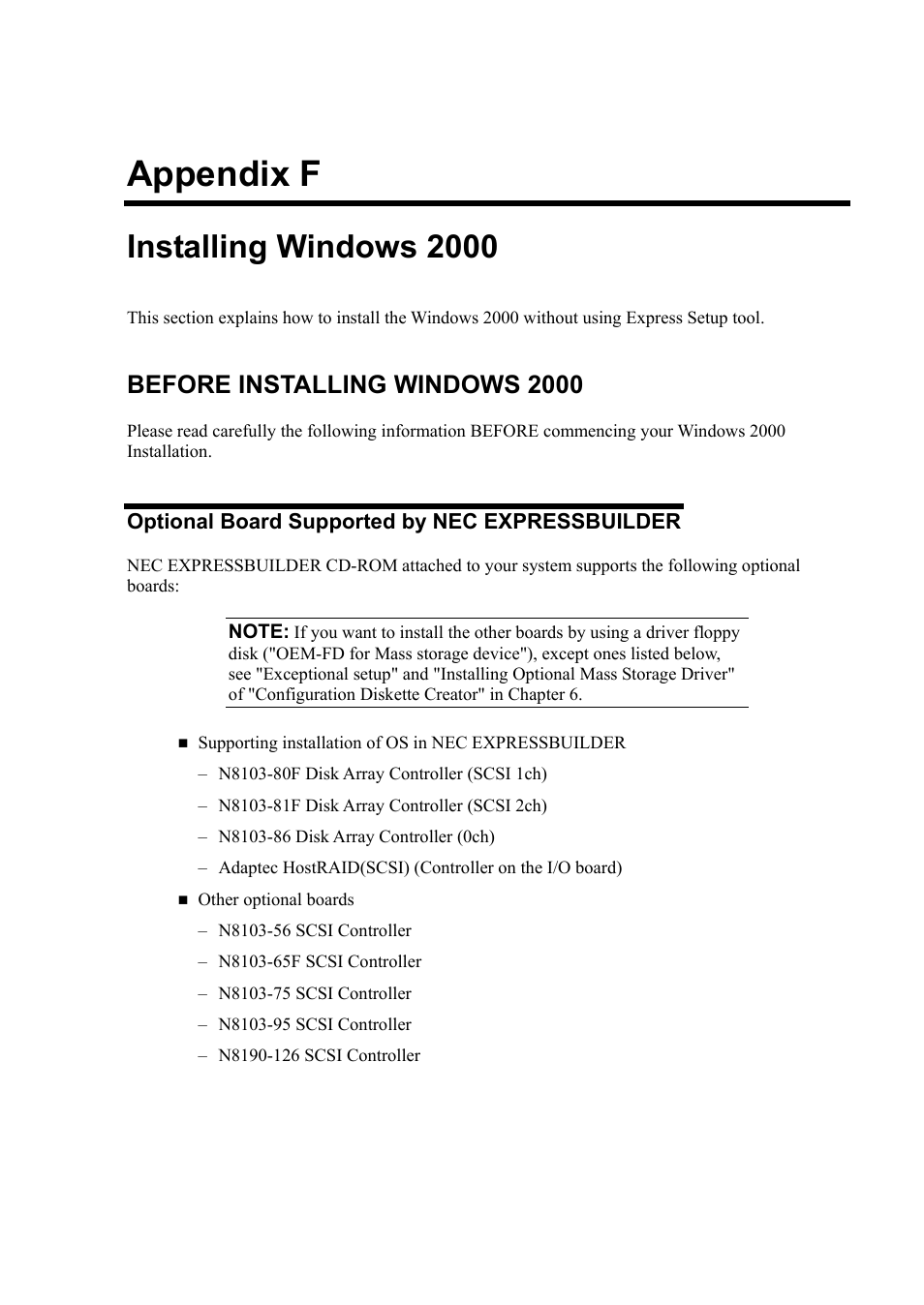 F. installing windows 2000, Before installing windows 2000, Optional board supported by nec expressbuilder | Appendix f, Installing windows 2000 | NEC Express5800/120Rh-2 N8100-1126F User Manual | Page 387 / 406