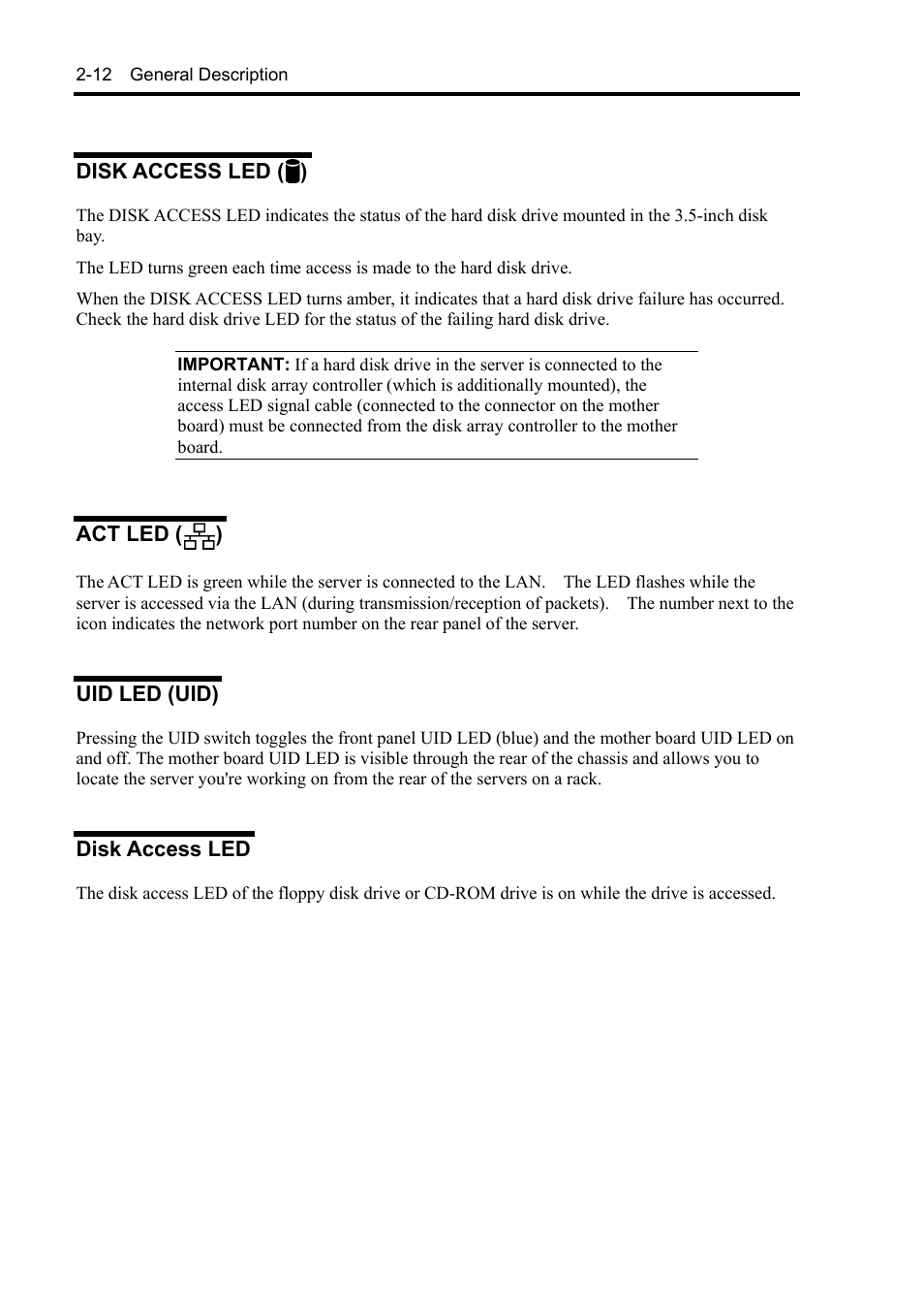 Disk access led, Act led, Uid led (uid) | NEC Express5800/120Rh-2 N8100-1126F User Manual | Page 44 / 406