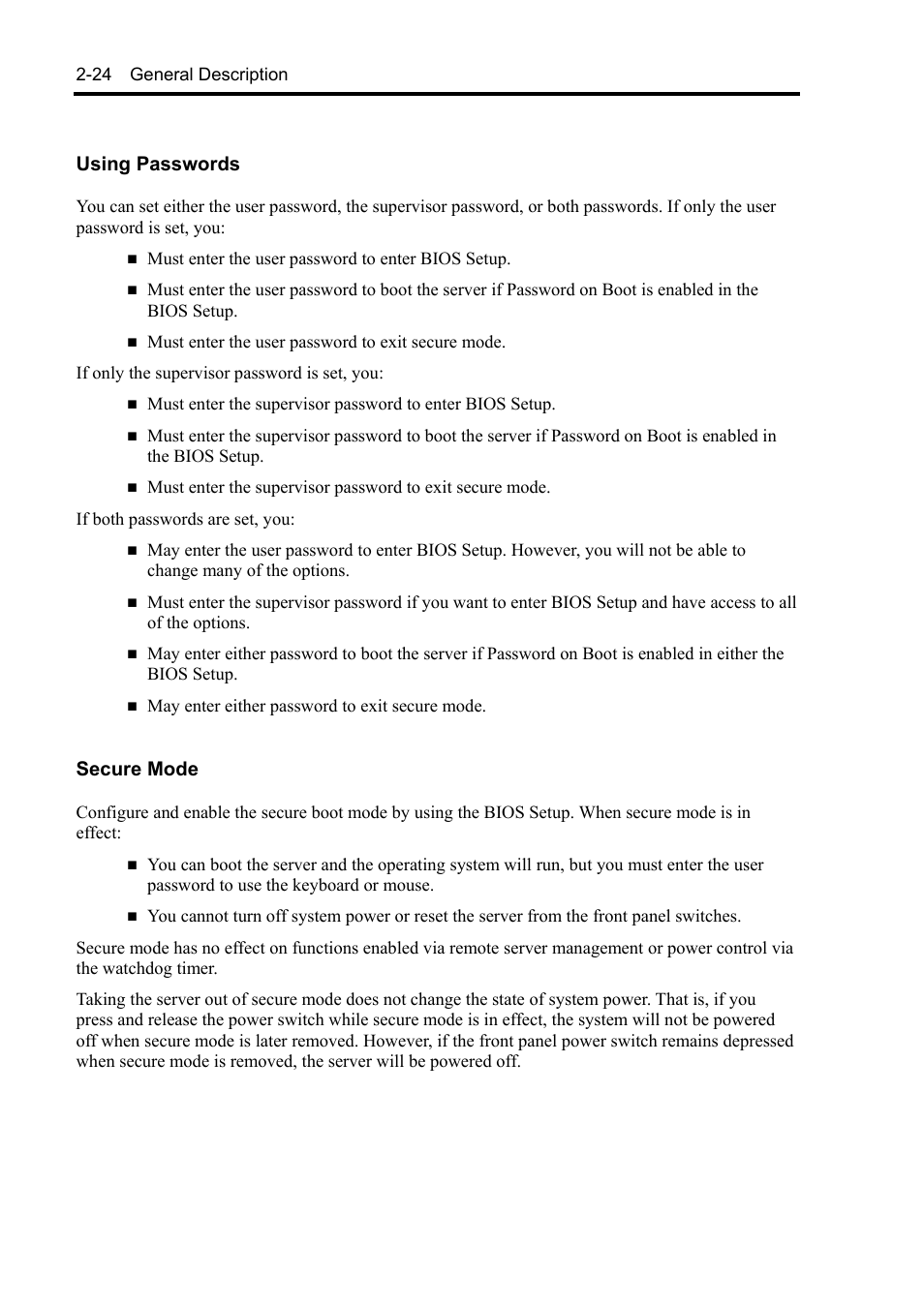 Using passwords, Secure mode | NEC Express5800/120Rh-2 N8100-1126F User Manual | Page 56 / 406