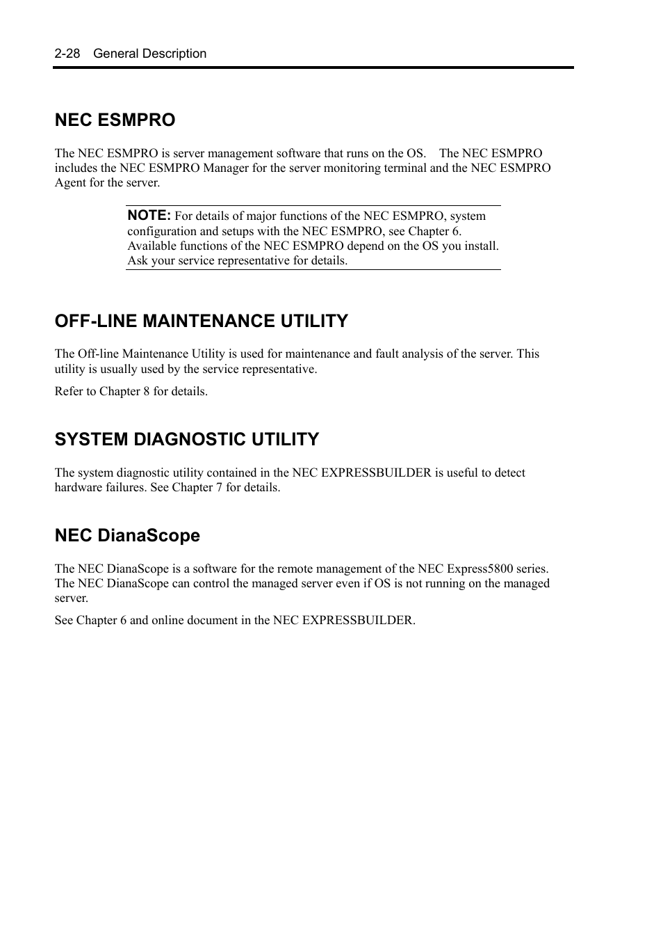 Nec esmpro, Off-line maintenance utility, System diagnostic utility | Nec dianascope | NEC Express5800/120Rh-2 N8100-1126F User Manual | Page 60 / 406