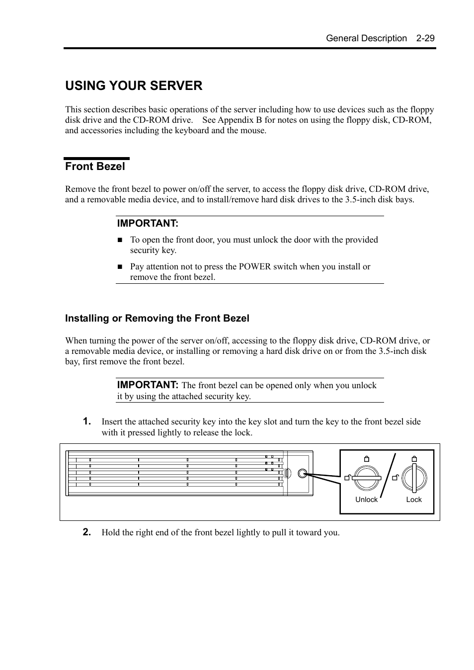 Using your server, Front bezel | NEC Express5800/120Rh-2 N8100-1126F User Manual | Page 61 / 406