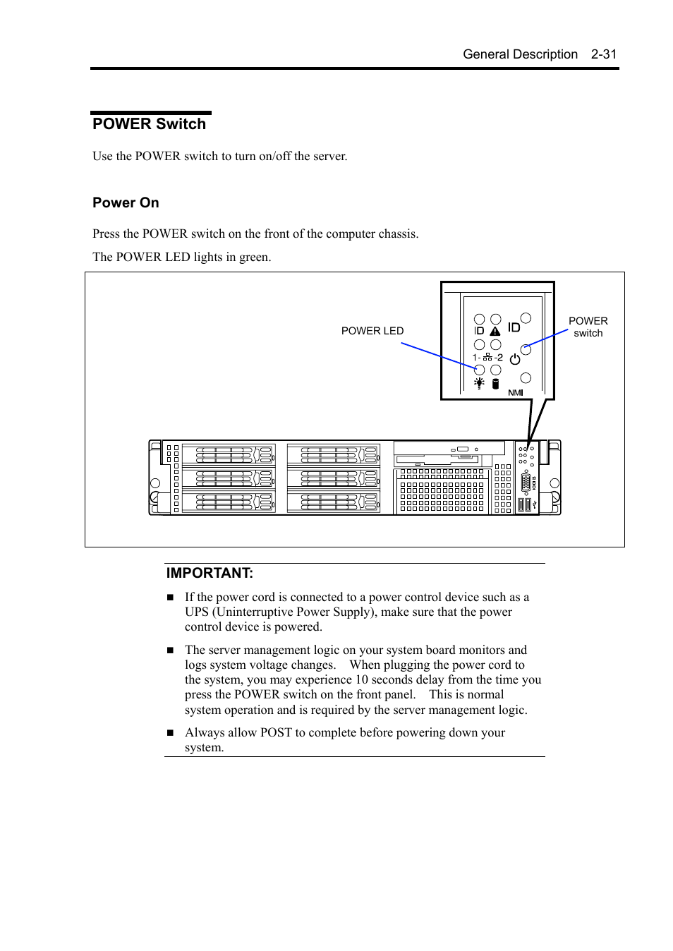 Power switch, Power on, Important | NEC Express5800/120Rh-2 N8100-1126F User Manual | Page 63 / 406
