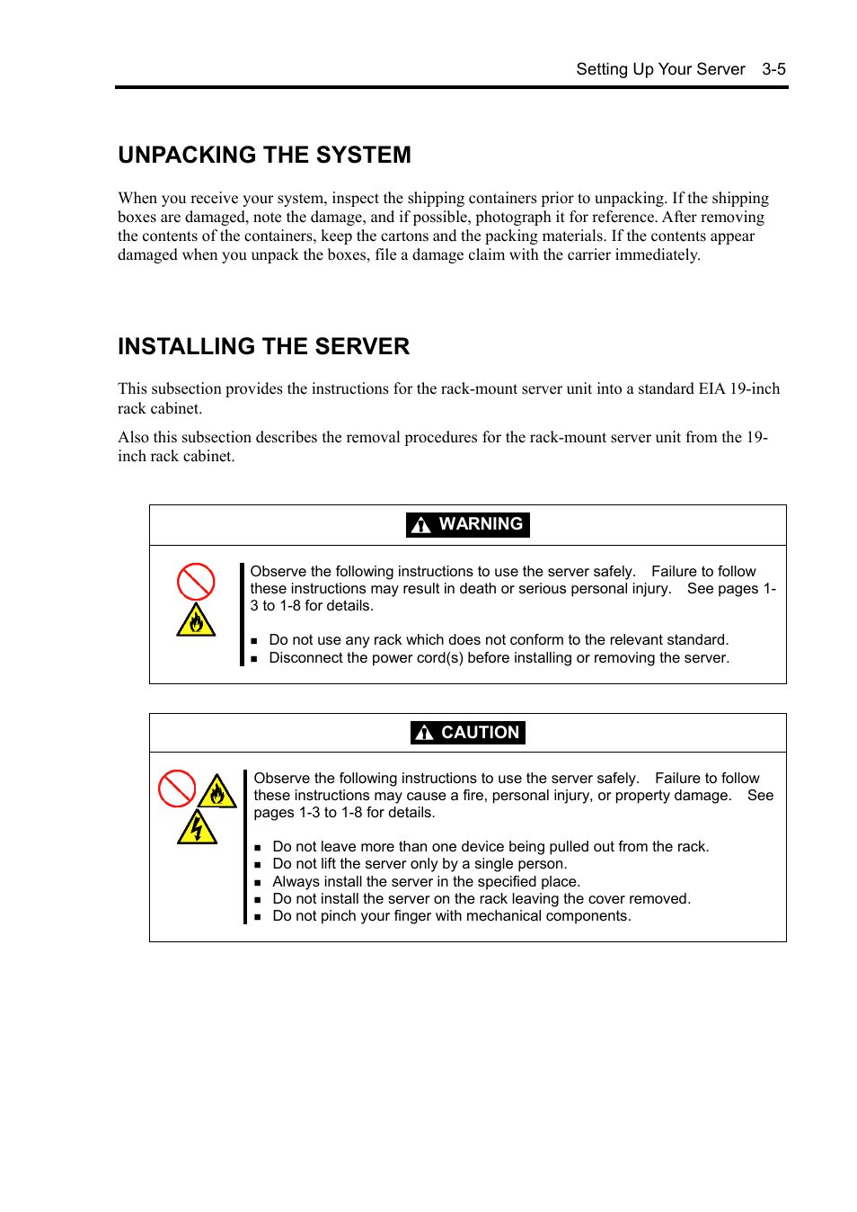 Unpacking the system, Installing the server, Warning | Caution | NEC Express5800/120Rh-2 N8100-1126F User Manual | Page 79 / 406
