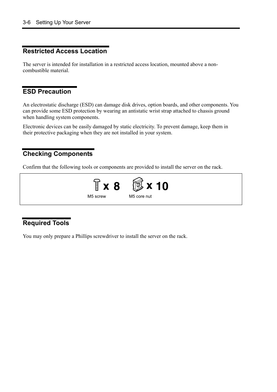 Restricted access location, Esd precaution, Checking components | Required tools | NEC Express5800/120Rh-2 N8100-1126F User Manual | Page 80 / 406