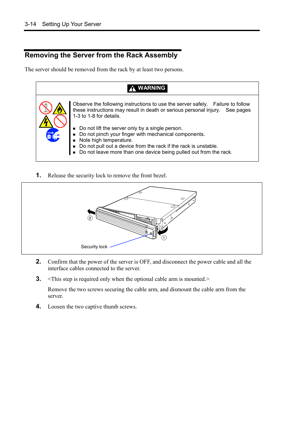 Removing the server from the rack assembly | NEC Express5800/120Rh-2 N8100-1126F User Manual | Page 88 / 406