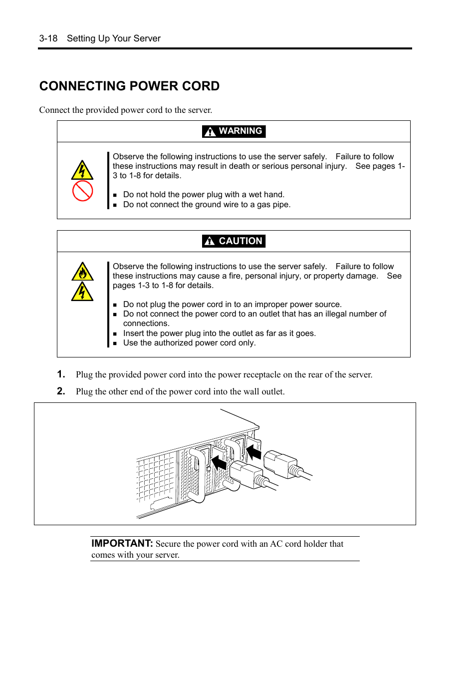 Connecting power cord, Important | NEC Express5800/120Rh-2 N8100-1126F User Manual | Page 92 / 406