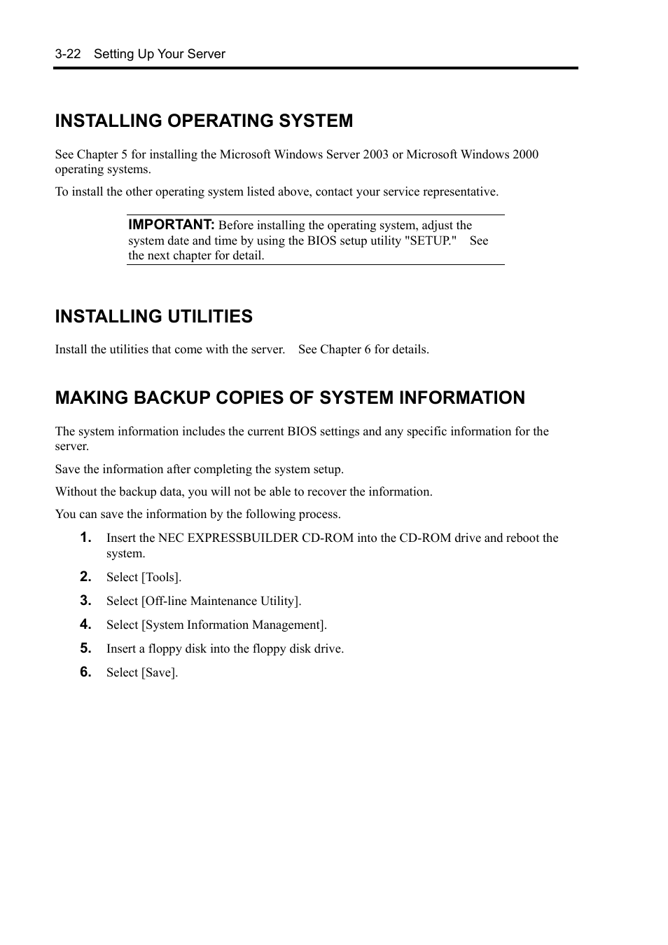Installing operating system, Installing utilities, Making backup copies of system information | NEC Express5800/120Rh-2 N8100-1126F User Manual | Page 96 / 406