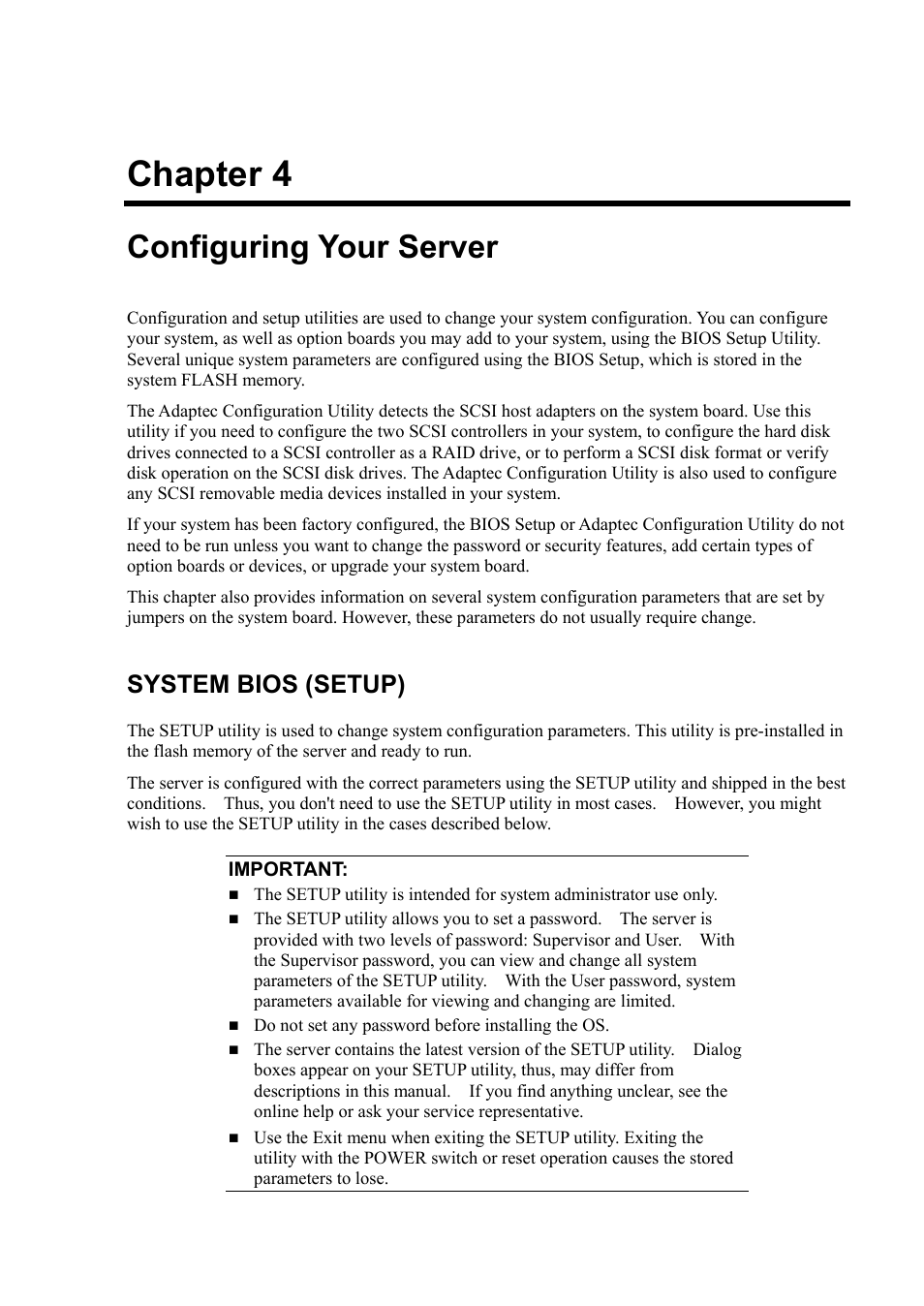Configuring your server, System bios (setup), Chapter 4 | NEC Express5800/120Rh-2 N8100-1126F User Manual | Page 97 / 406