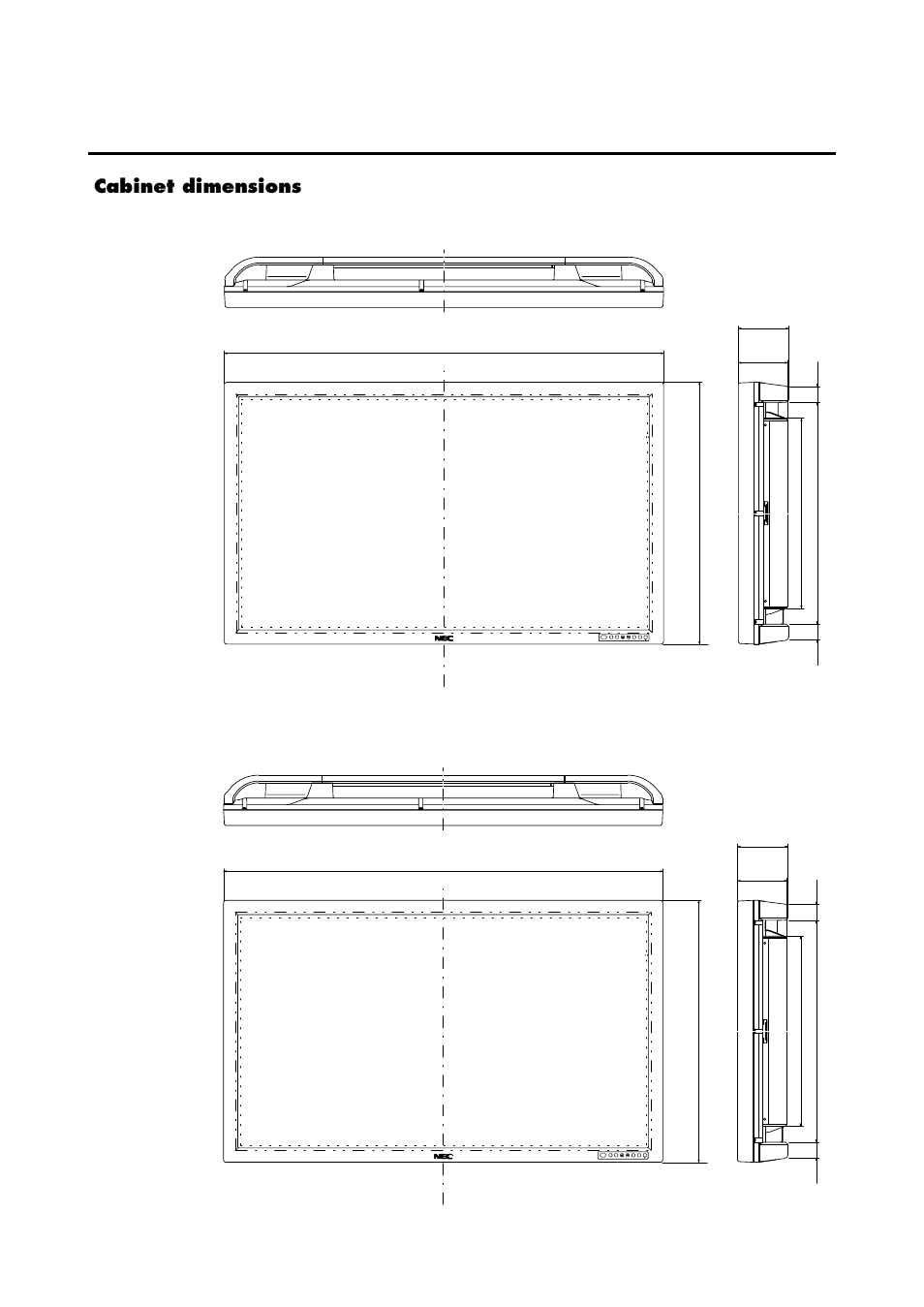 Cabinet dimensions, Plasmasync 42pd1, Plasmasync 50pd1 | NEC 42/50PD1 User Manual | Page 63 / 64