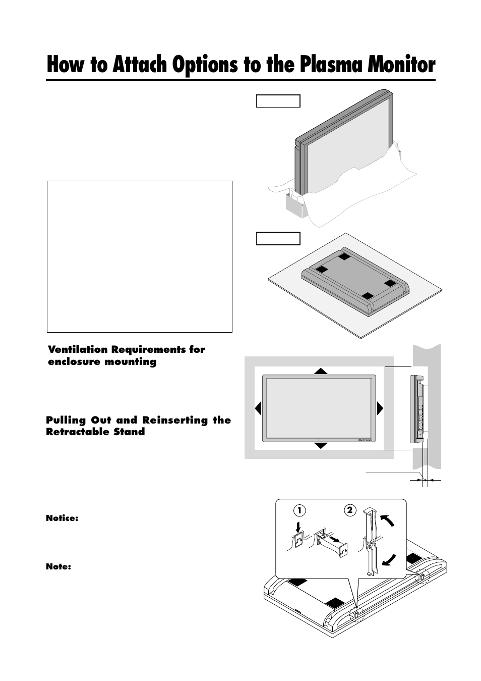 How to attach options to the plasma monitor, Ventilation requirements for enclosure mounting, Pulling out and reinserting the retractable stand | NEC 42/50PD1 User Manual | Page 8 / 64