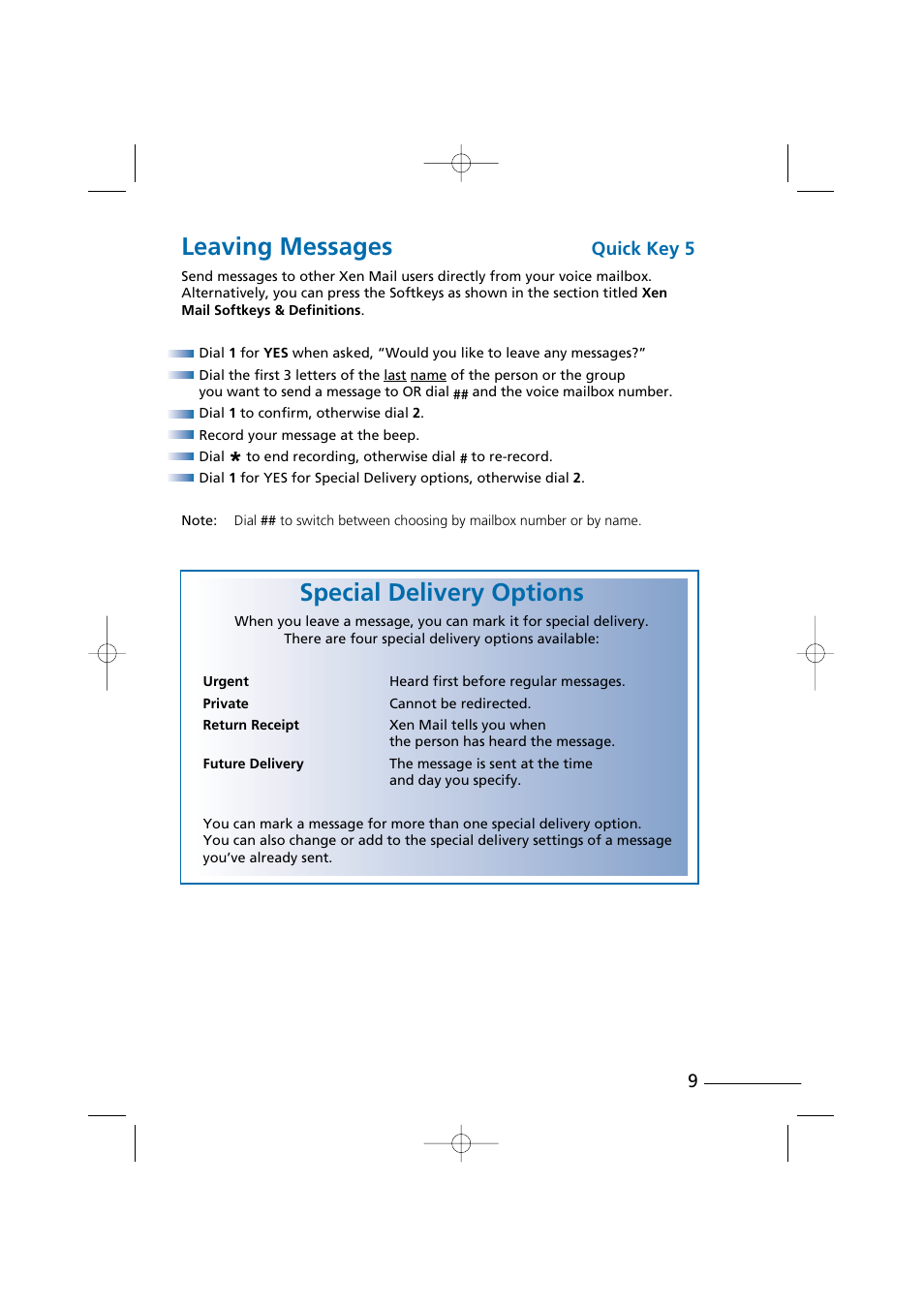 Leaving messages, Special delivery options | NEC Xen Digital Voicemail User Manual | Page 11 / 30
