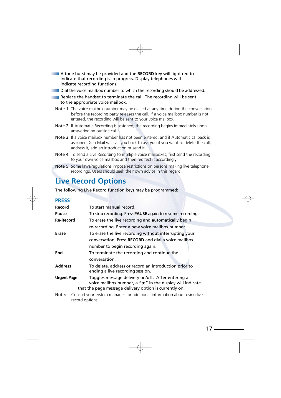 Live record options | NEC Xen Digital Voicemail User Manual | Page 19 / 30