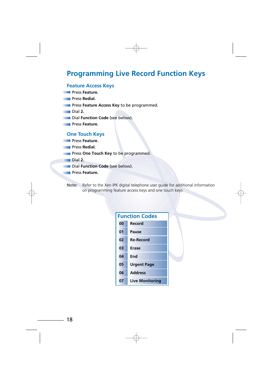 Programming live record function keys, Function codes | NEC Xen Digital Voicemail User Manual | Page 20 / 30