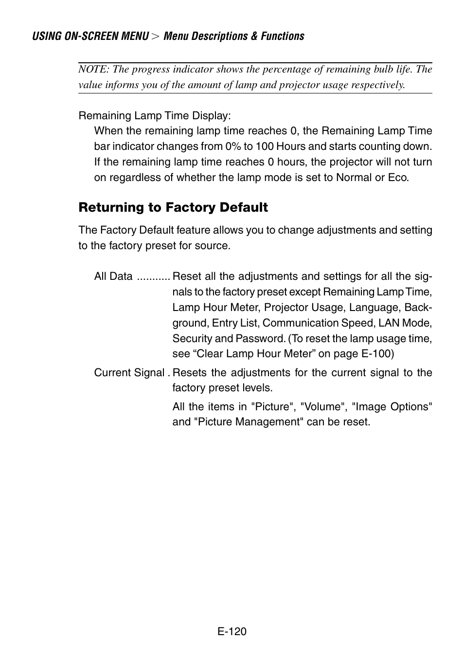 Returning to factory default | NEC LT240K User Manual | Page 120 / 152