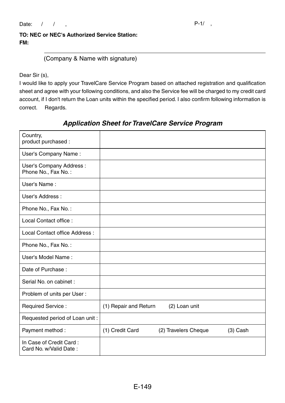 Application sheet for travelcare service program, E-149 | NEC LT240K User Manual | Page 149 / 152