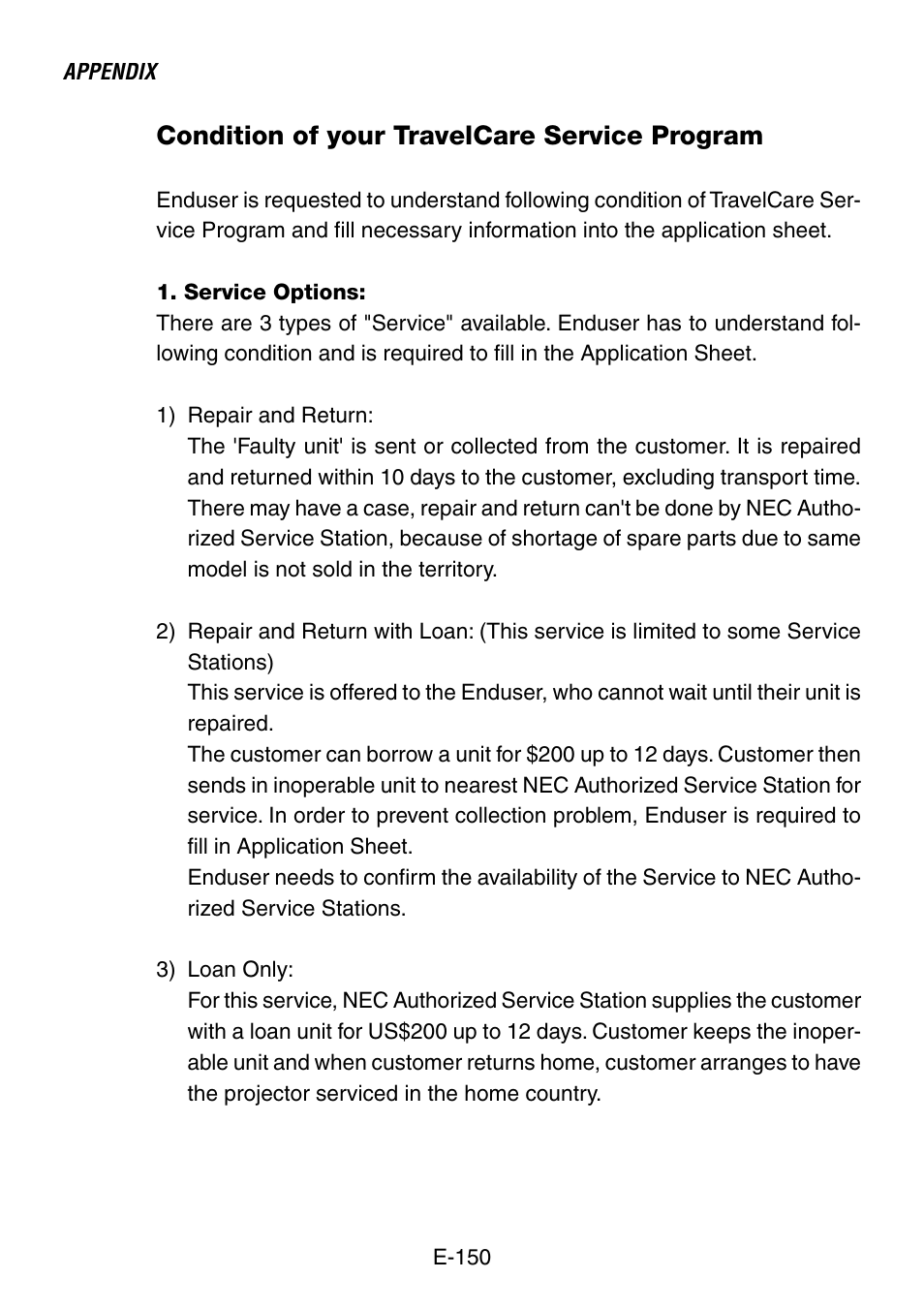 Condition of your travelcare service program | NEC LT240K User Manual | Page 150 / 152