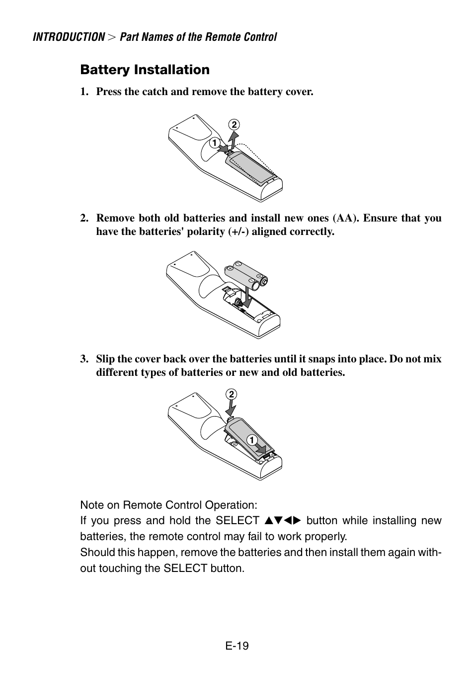 Battery installation | NEC LT240K User Manual | Page 19 / 152