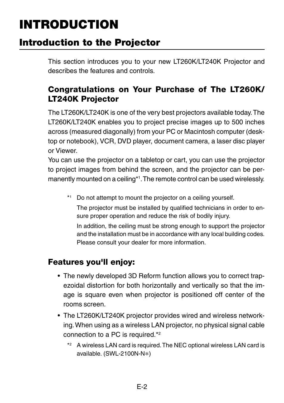 Introduction, Introduction to the projector, Features you'll enjoy | NEC LT240K User Manual | Page 2 / 152