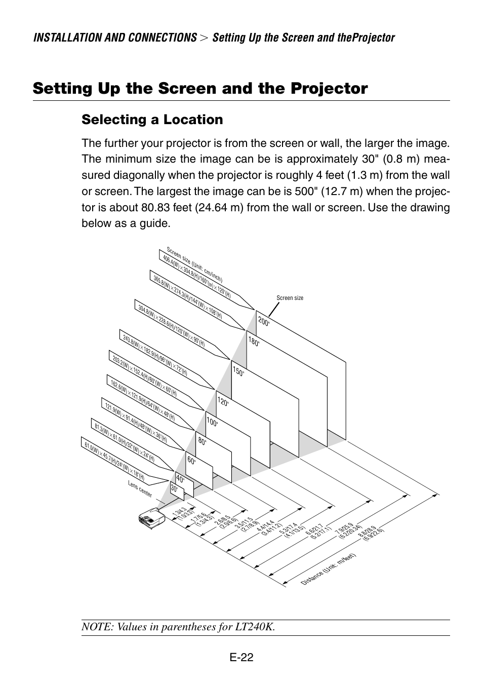 Setting up the screen and the projector, Selecting a location, Installation and connections | Setting up the screen and theprojector, E-22 | NEC LT240K User Manual | Page 22 / 152