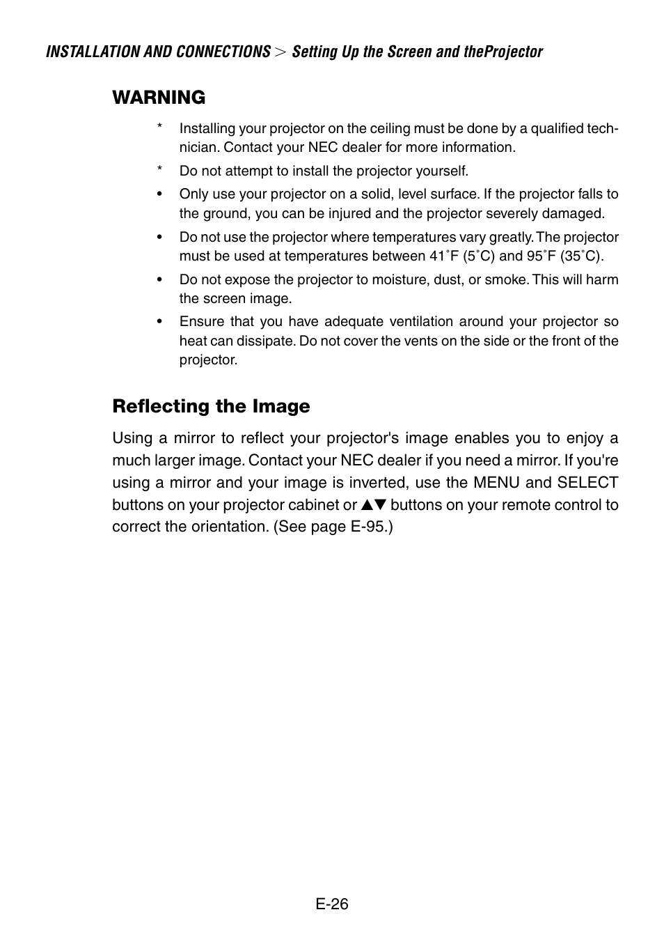 Warning, Reflecting the image | NEC LT240K User Manual | Page 26 / 152