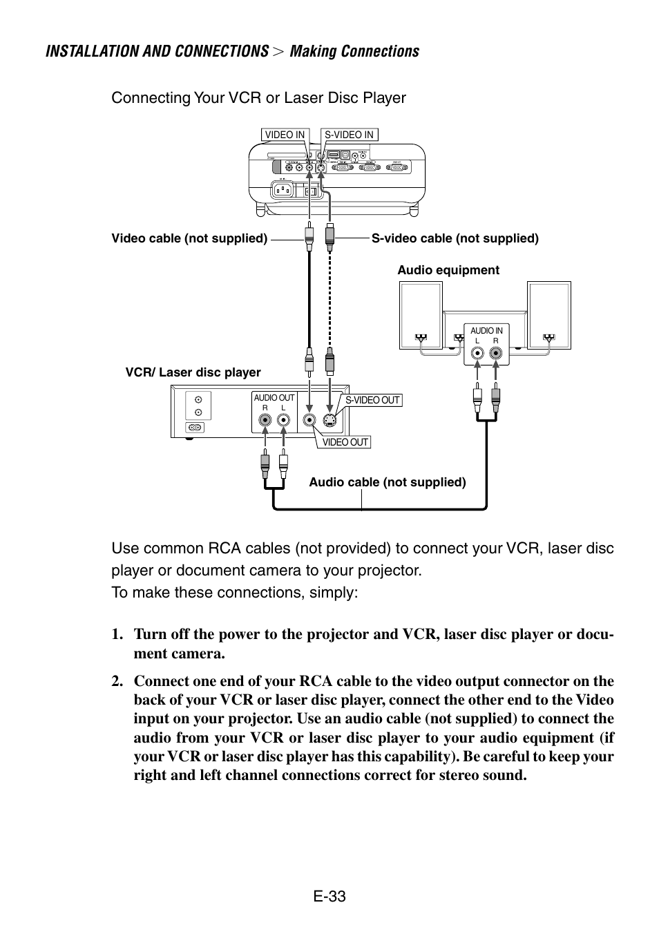 Installation and connections, Making connections, E-33 | Connecting your vcr or laser disc player | NEC LT240K User Manual | Page 33 / 152