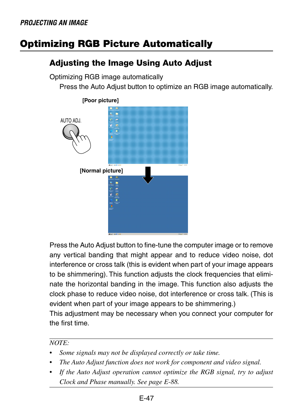 Optimizing rgb picture automatically, Adjusting the image using auto adjust | NEC LT240K User Manual | Page 47 / 152