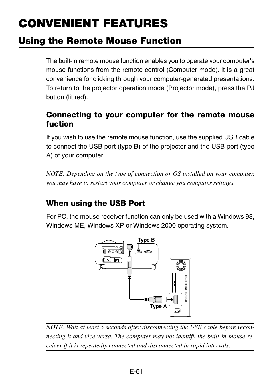 Convenient features, Using the remote mouse function, When using the usb port | NEC LT240K User Manual | Page 51 / 152