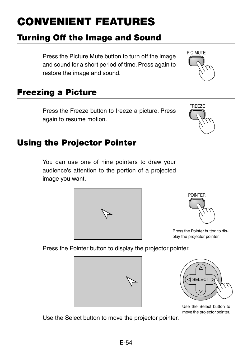 Convenient features, Turning off the image and sound, Freezing a picture | Using the projector pointer | NEC LT240K User Manual | Page 54 / 152