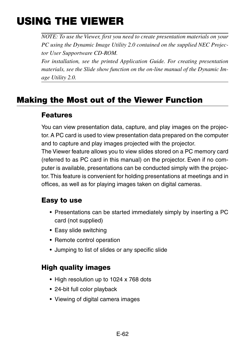Using the viewer, Making the most out of the viewer function, Features | Easy to use, High quality images | NEC LT240K User Manual | Page 62 / 152