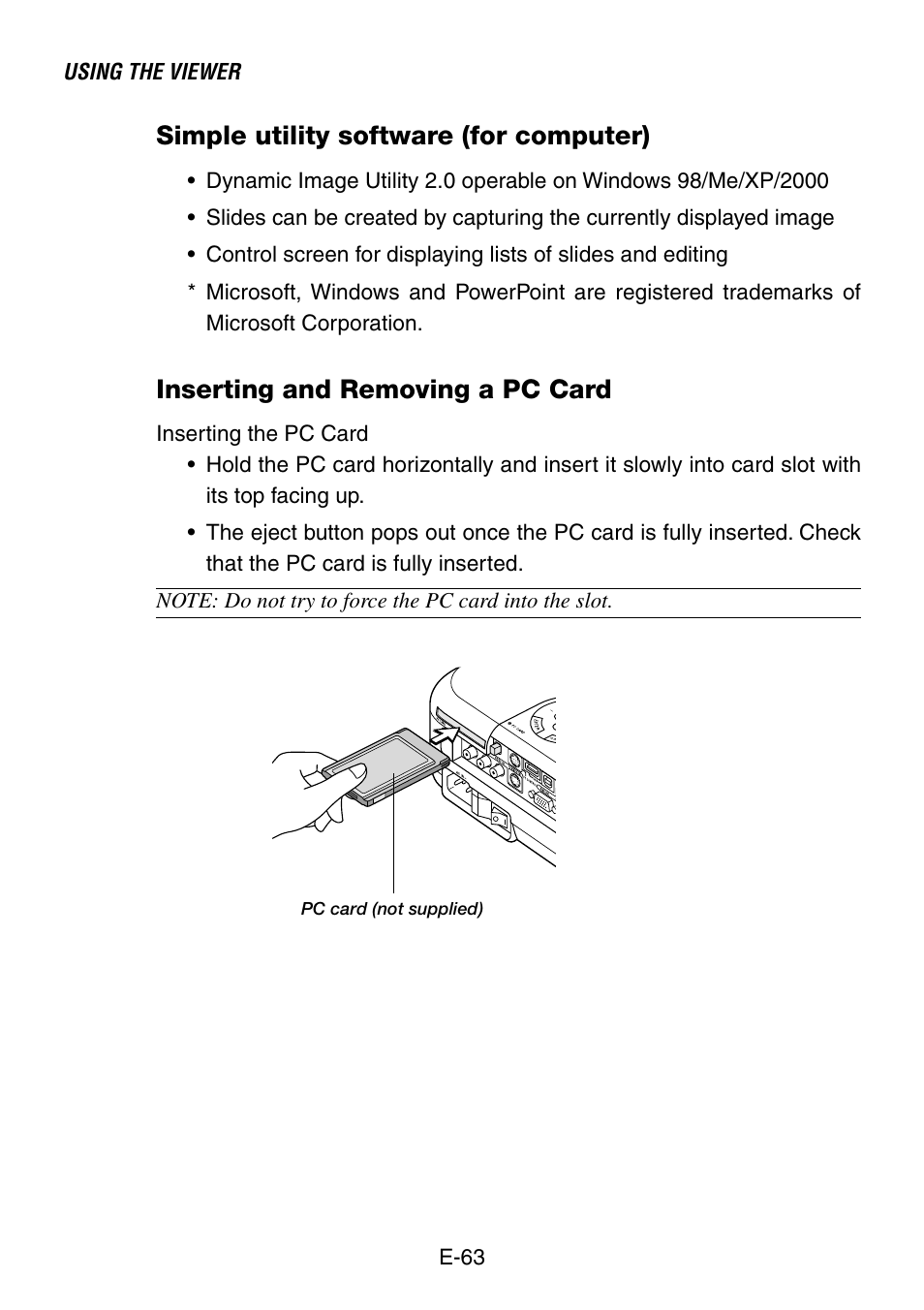 Simple utility software (for computer), Inserting and removing a pc card | NEC LT240K User Manual | Page 63 / 152