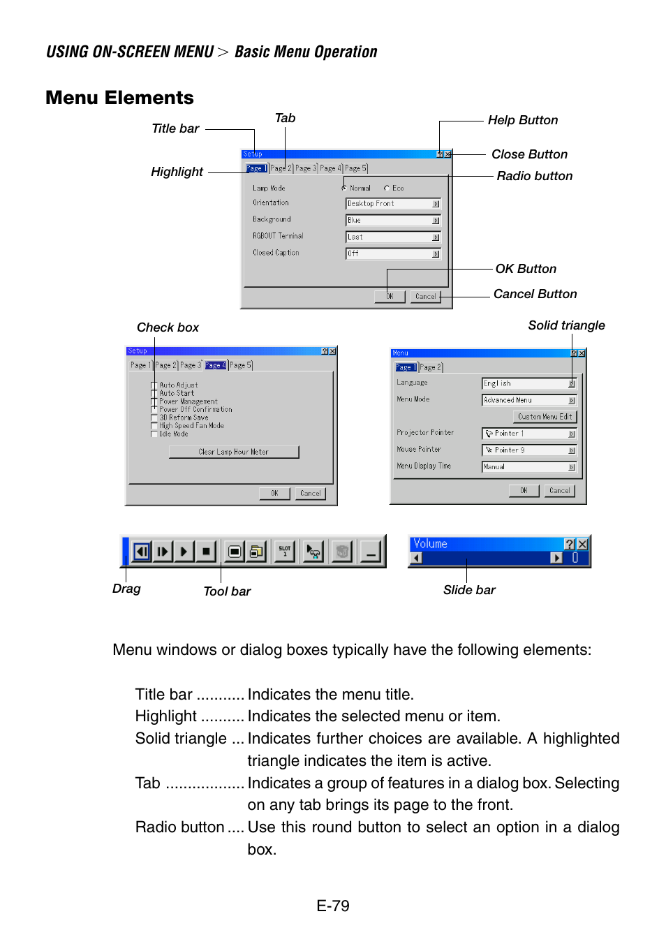Menu elements | NEC LT240K User Manual | Page 79 / 152