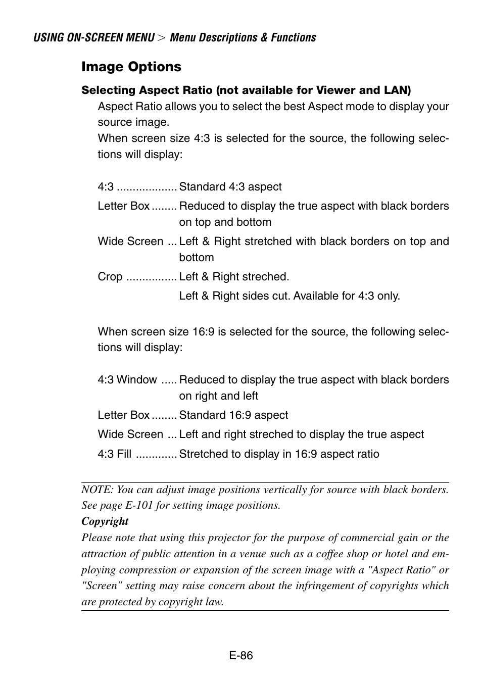 Image options | NEC LT240K User Manual | Page 86 / 152