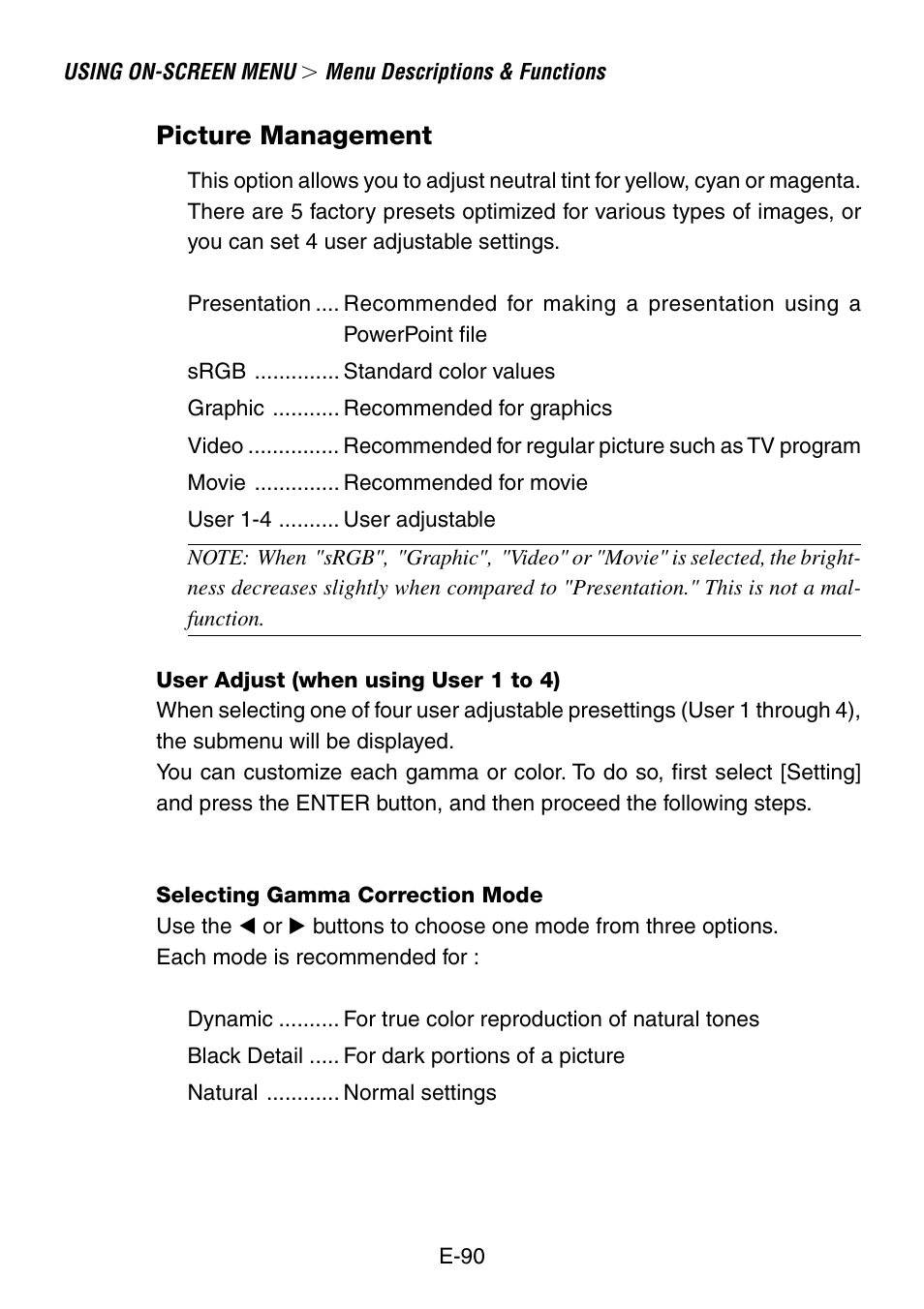 Picture management | NEC LT240K User Manual | Page 90 / 152