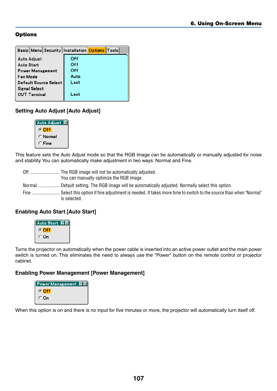 Options | NEC LT265 User Manual | Page 114 / 145
