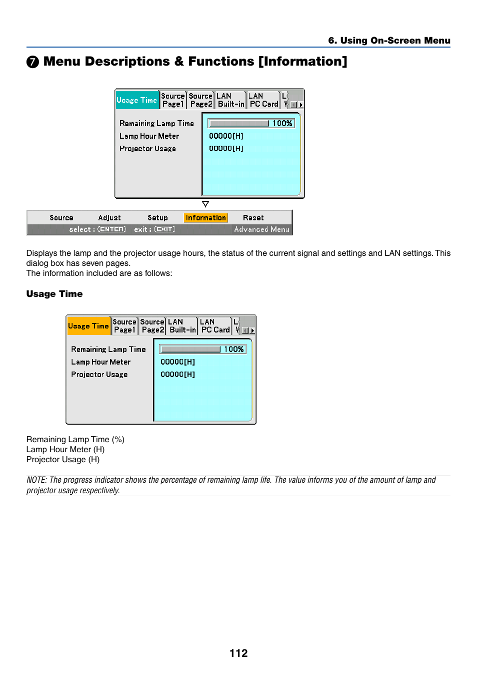7) menu descriptions & functions [information, Usage time, Menu descriptions & functions [information | ᕧ menu descriptions & functions [information | NEC LT265 User Manual | Page 119 / 145