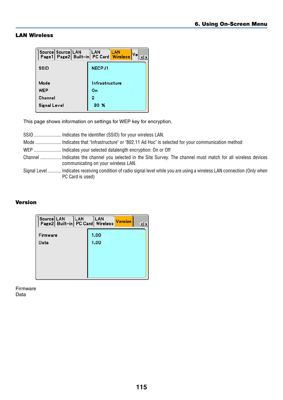 Lan wireless, Version | NEC LT265 User Manual | Page 122 / 145